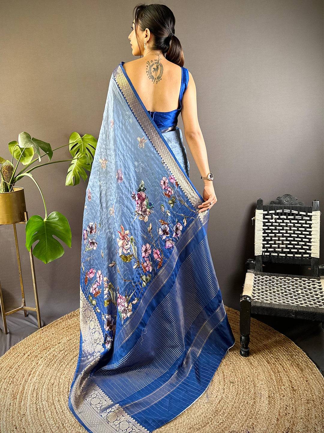 Blue Daisy Floral Zari Chex Saree