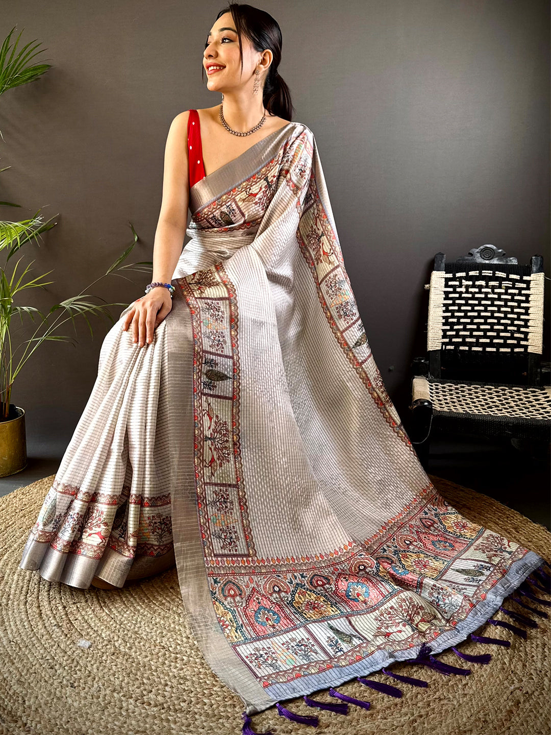 Graceful Off White Soft Silk Chex Saree