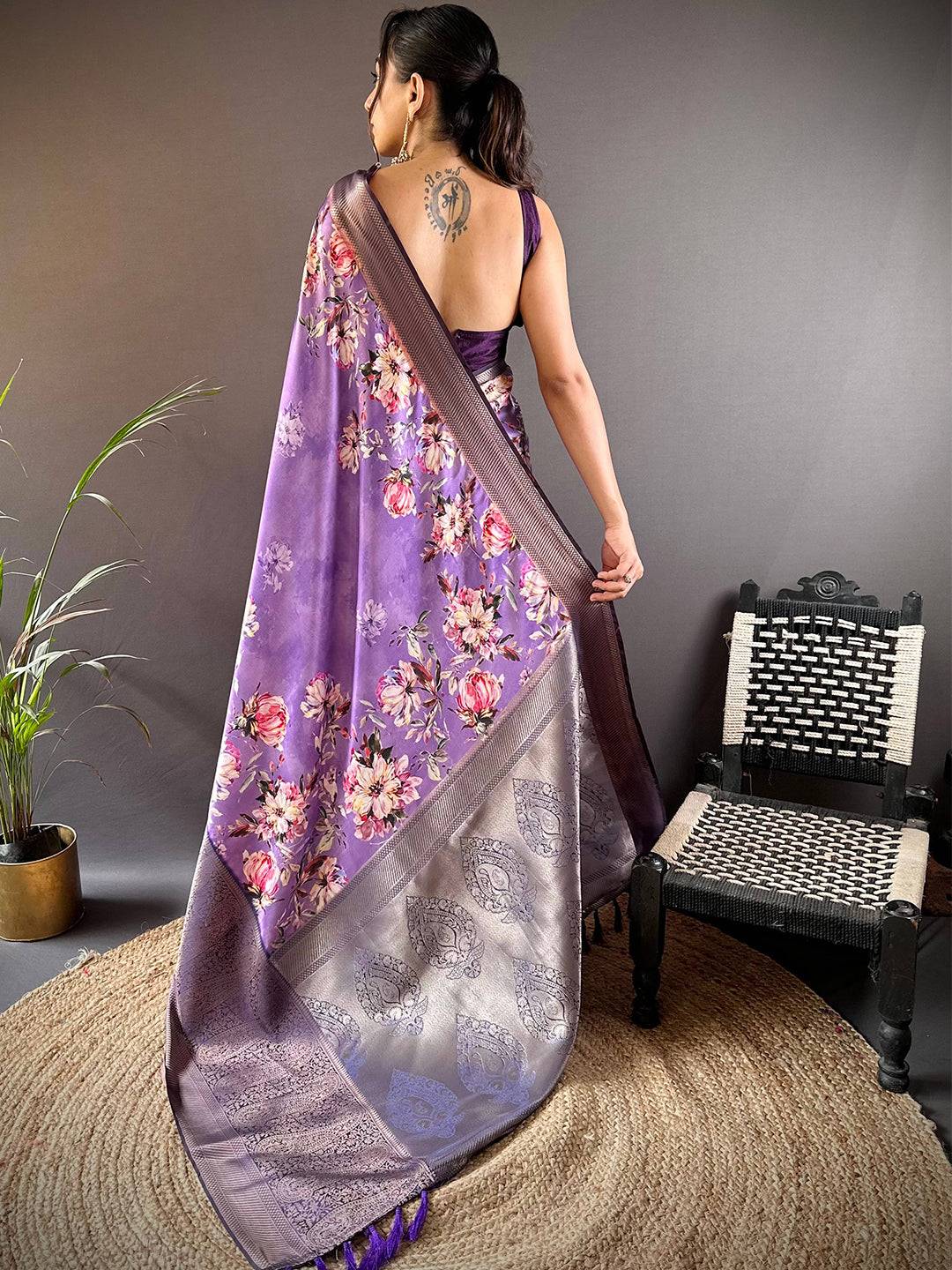 Orchid Purple Satin Silk Floral Print Saree