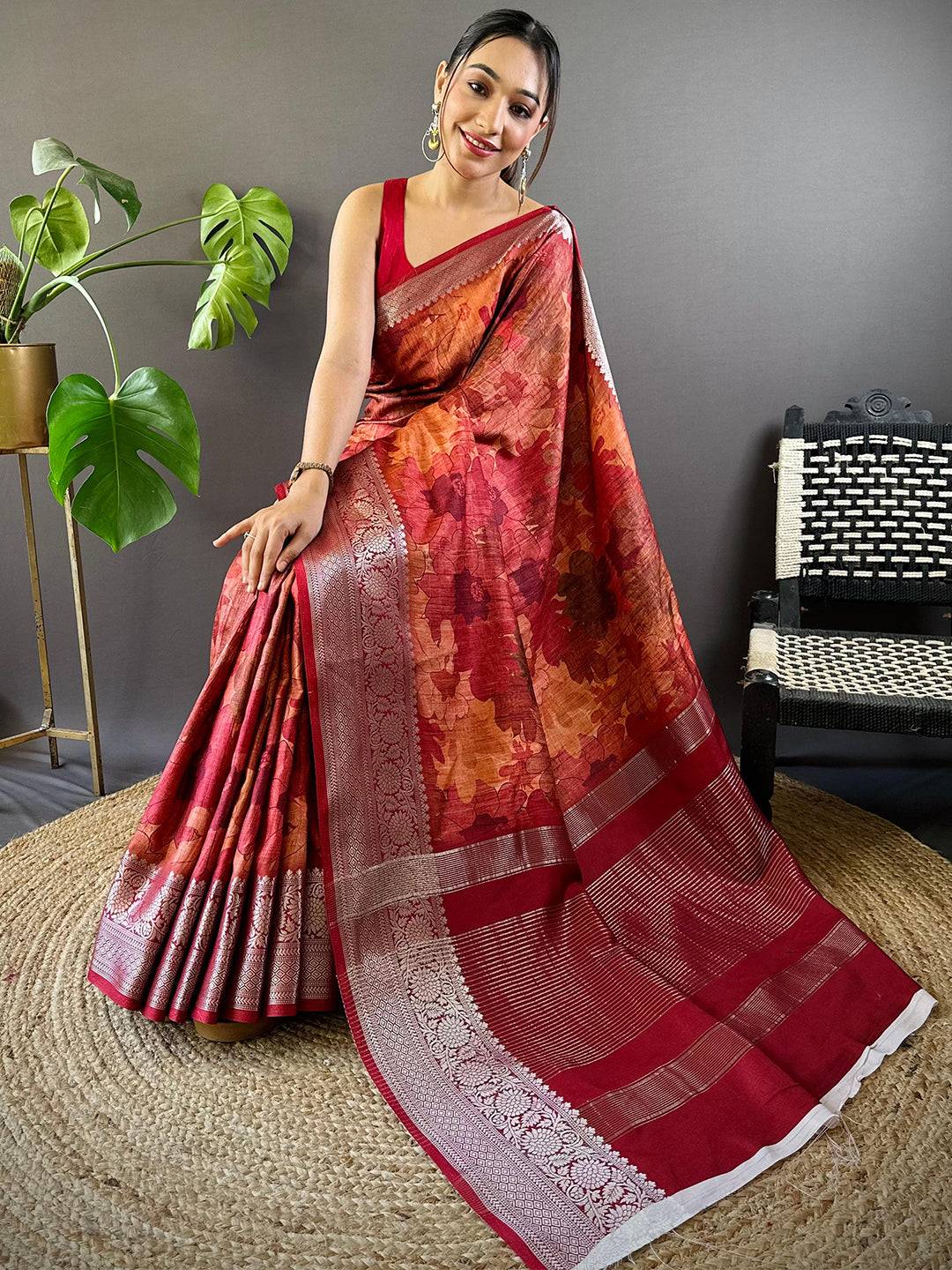 Red Zari Woven Floral Dola Silk Saree