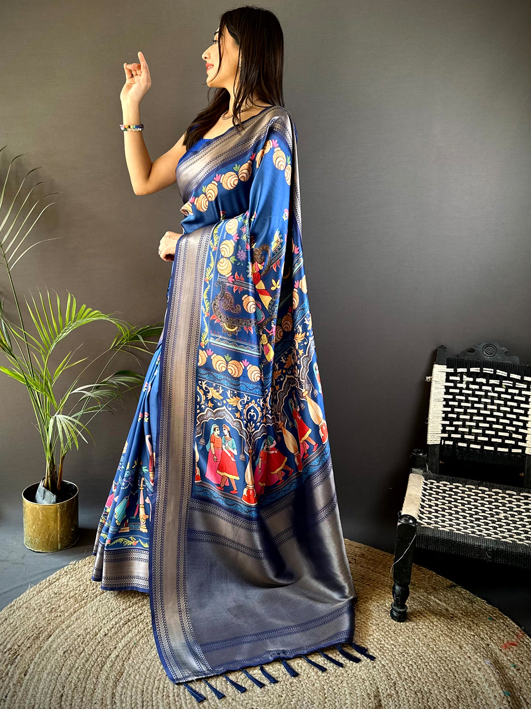 Light Blue Mughal Kalamkari Print Pashmina Saree