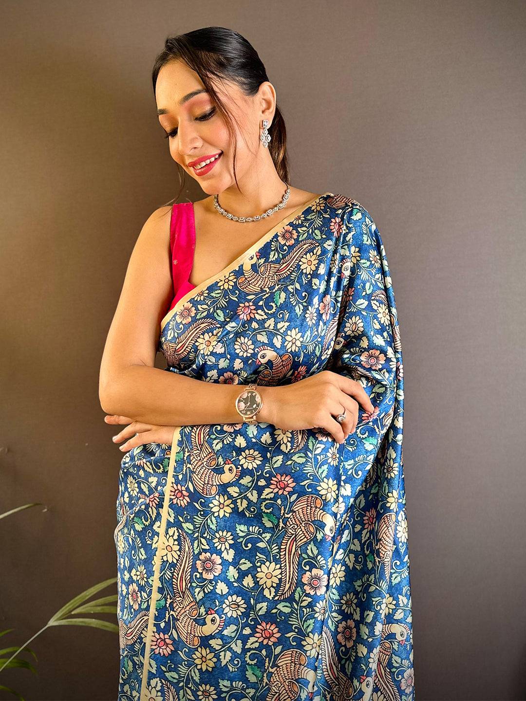 Steel Blue Kalamkari Floral Print Gamthi Saree