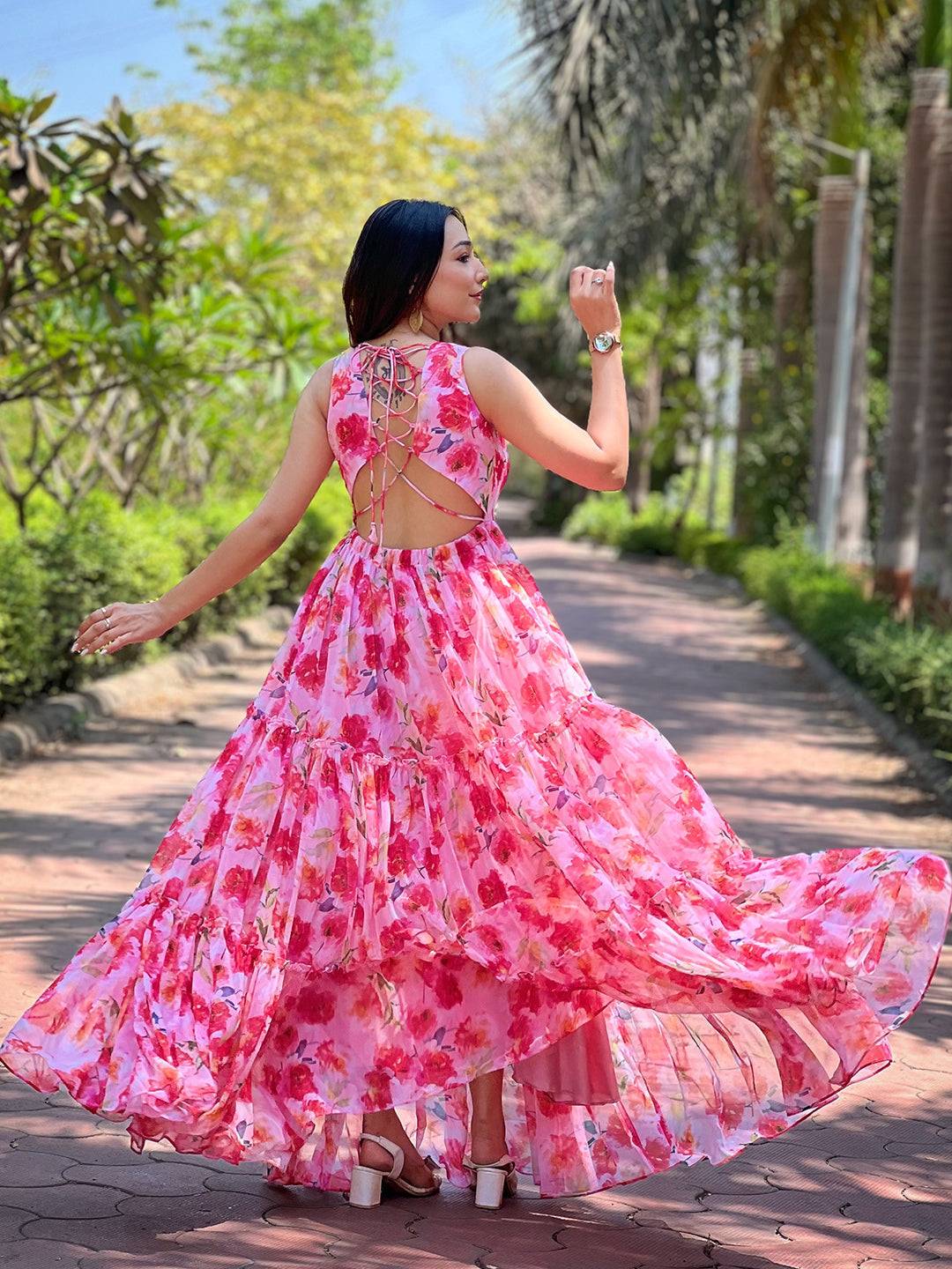 Neon Pink Floral Print Dress