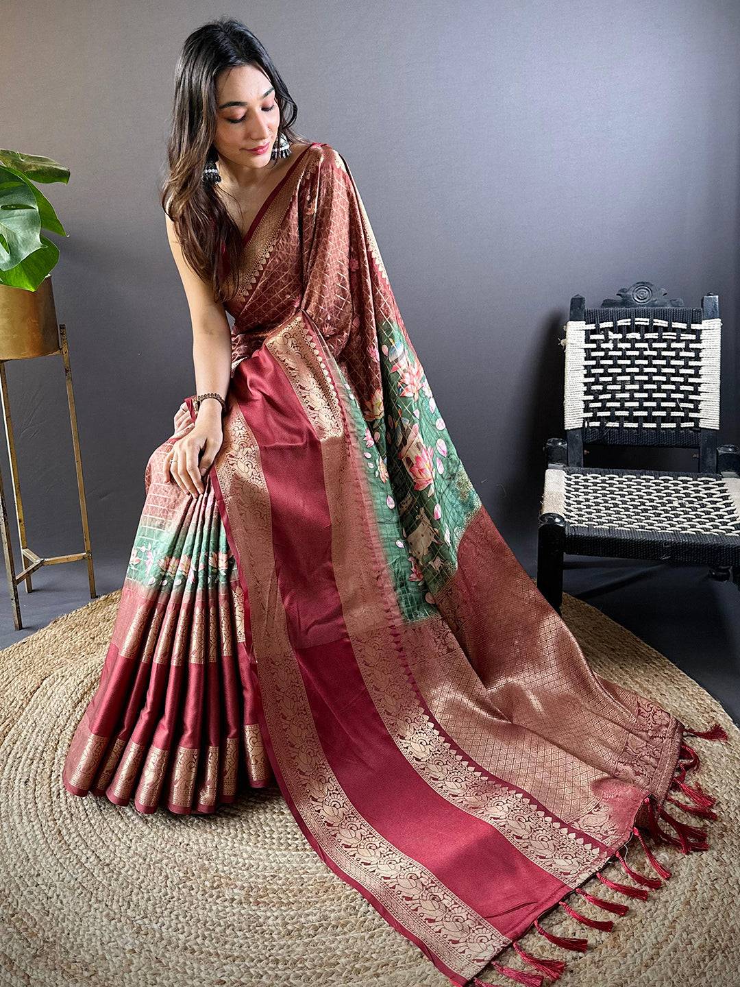 Brown Banarasi Pichwai Print Saree