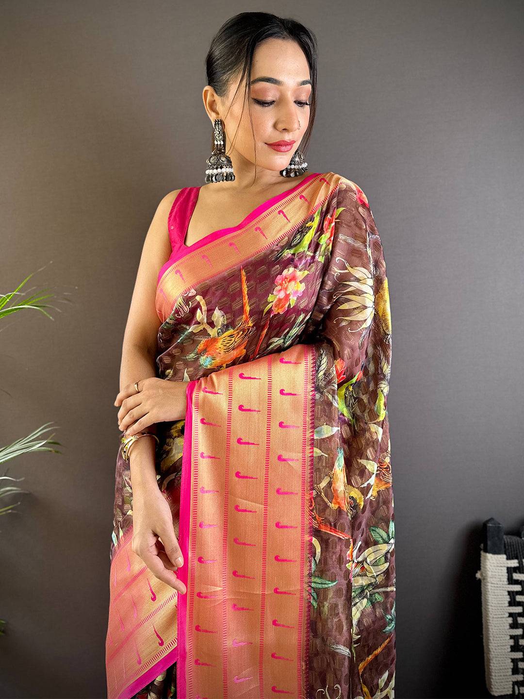 Brown Paithani Kora Silk Saree