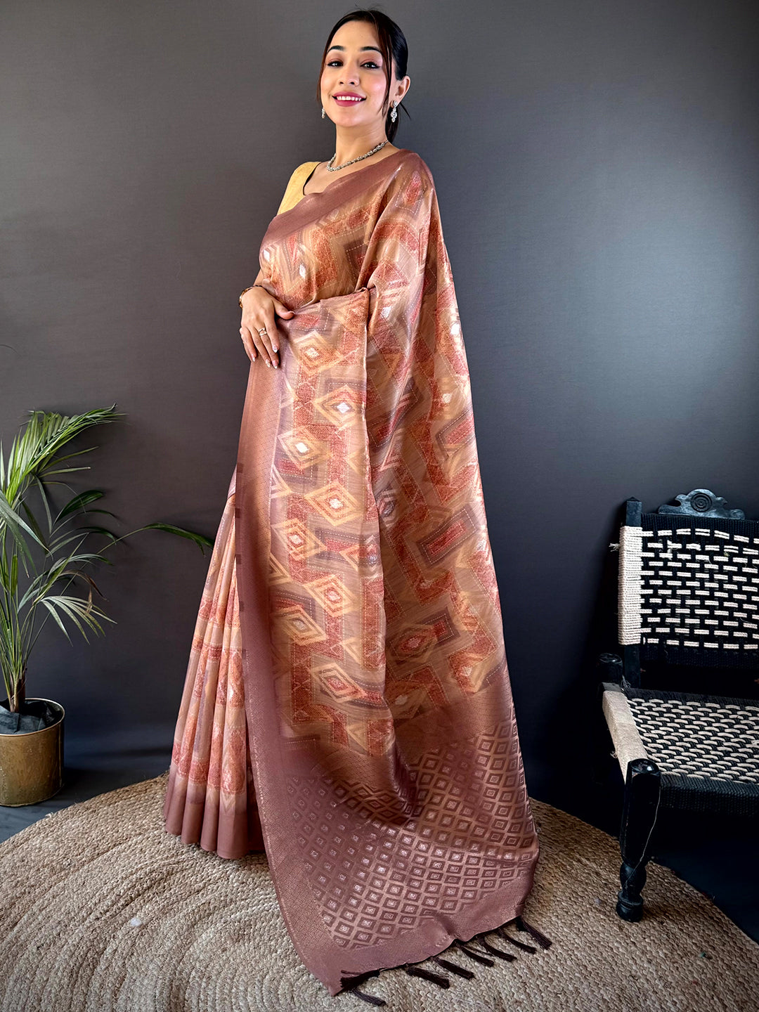 Brown Banarasi Silk Katan Geometric Saree with a rich texture and intricate motifs, styled elegantly for a sophisticated ethnic look.