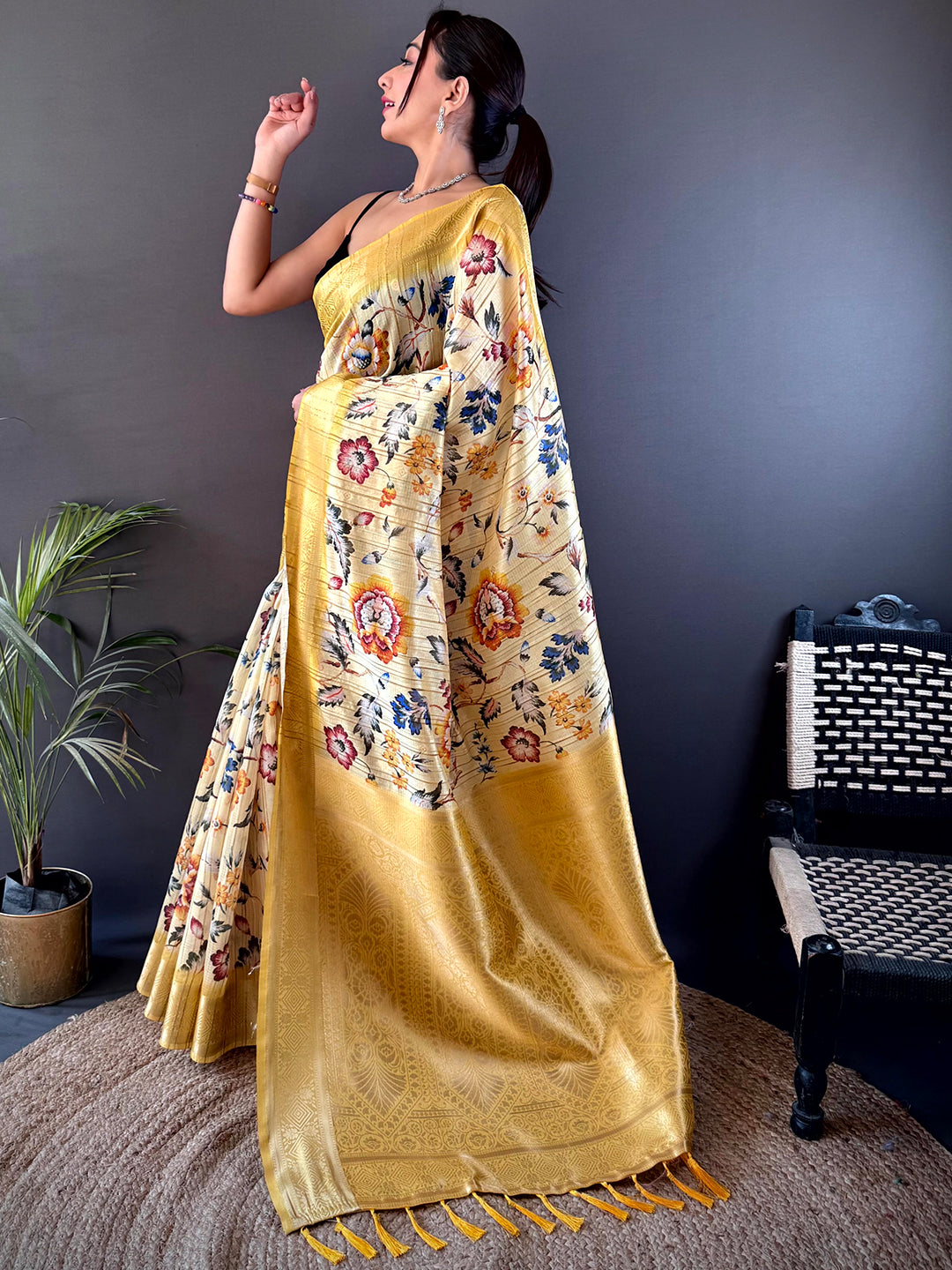 Opulent Banarasi Ghicha Tussar Floral Print Saree