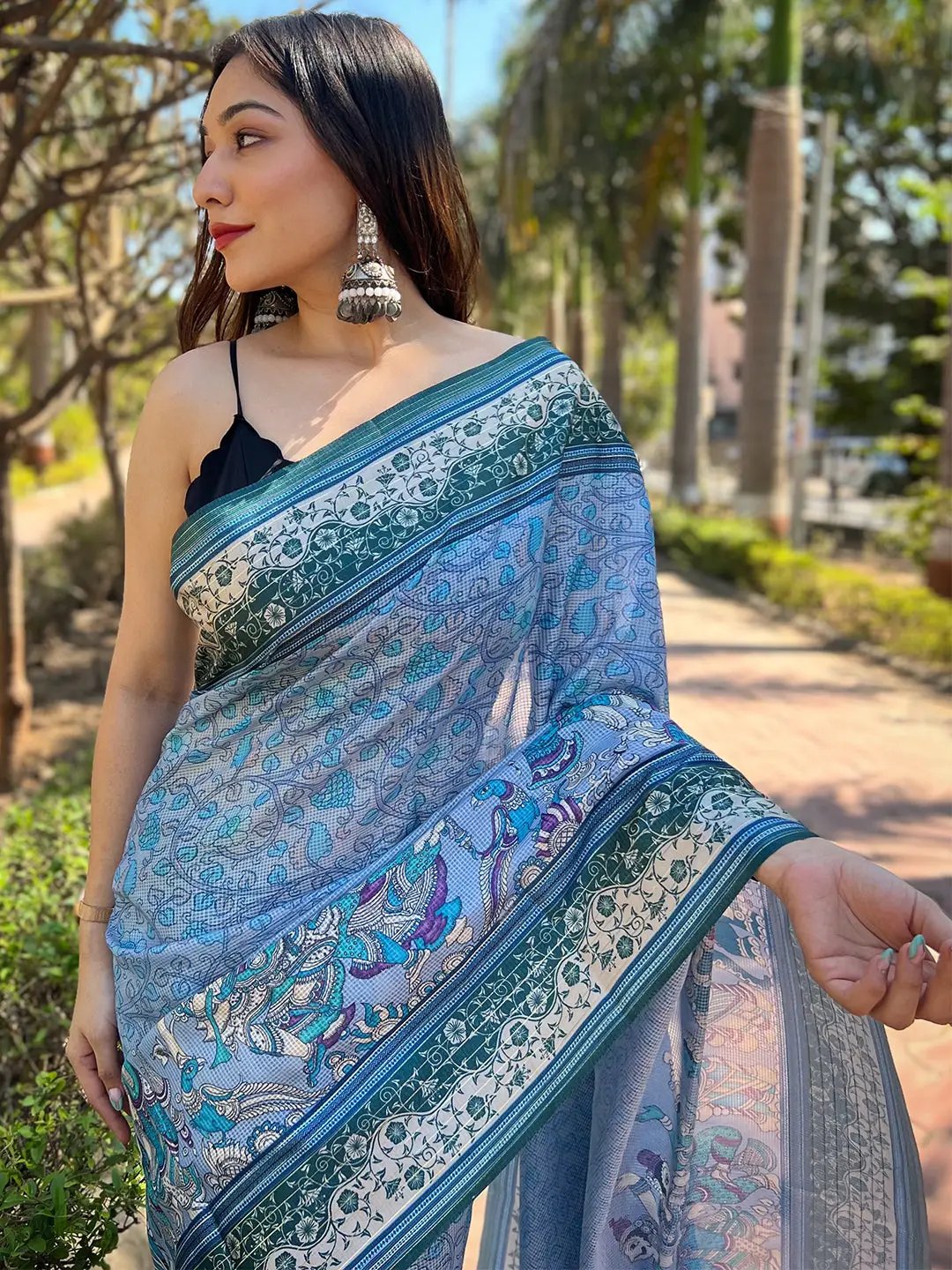 Close-up of Kalamkari Print on Blue Satin Saree