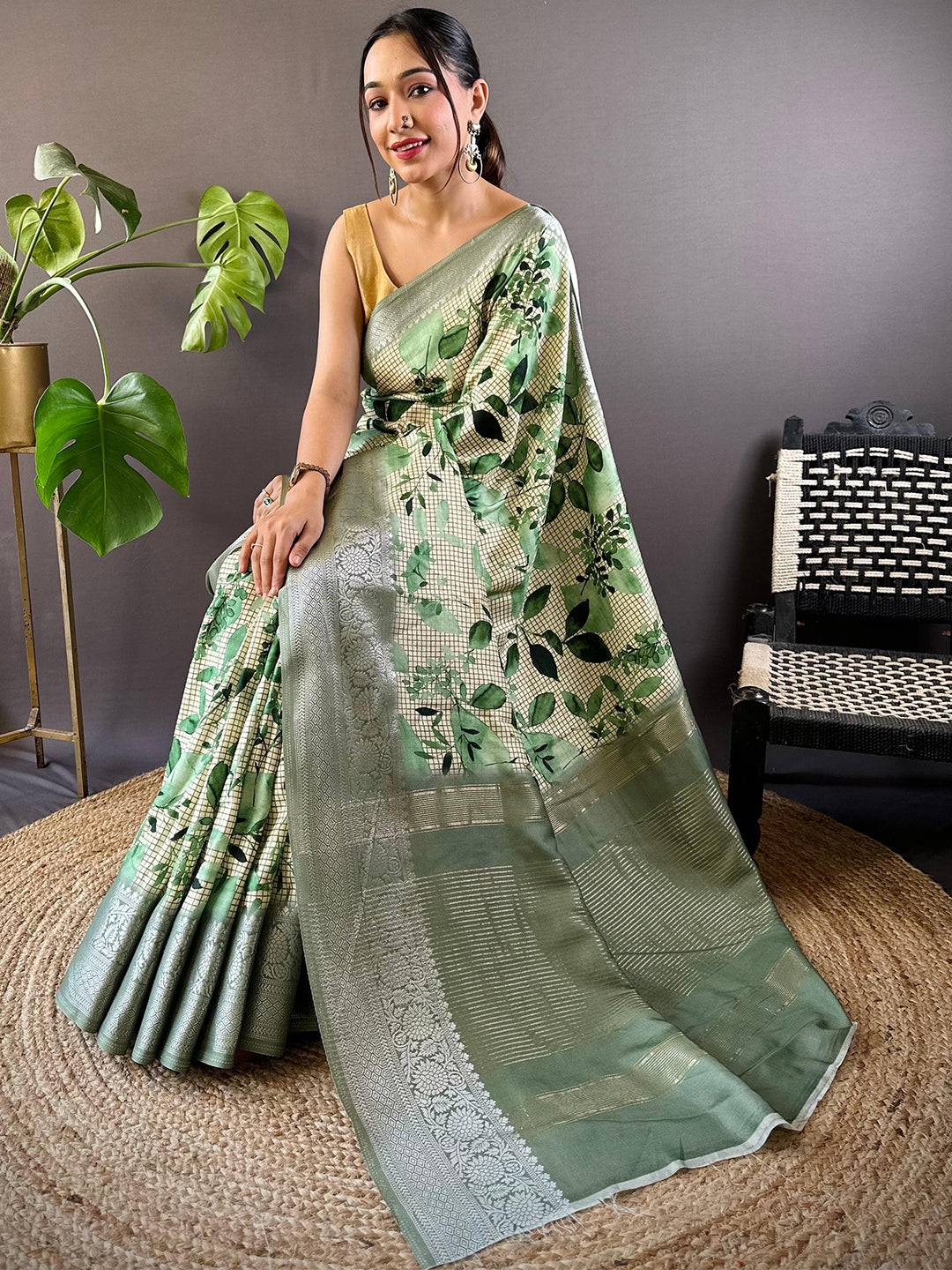 Leaf And Check Light Green Viscose Saree