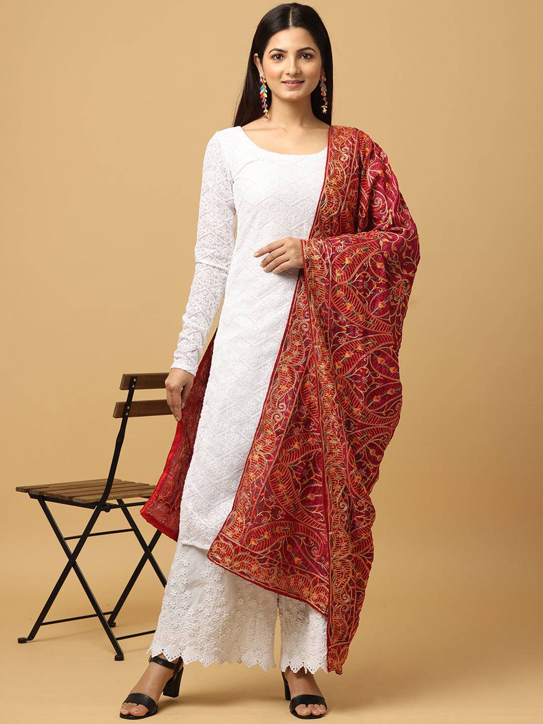 Model showcasing wine color chiffon dupatta with detailed threadwork.