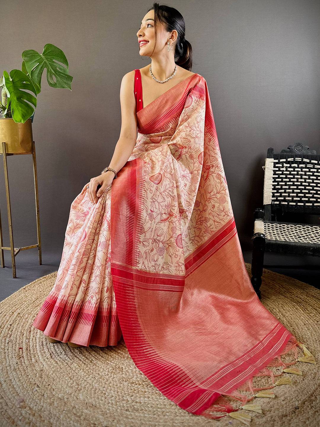 Red Floral Tussar Silk Saree