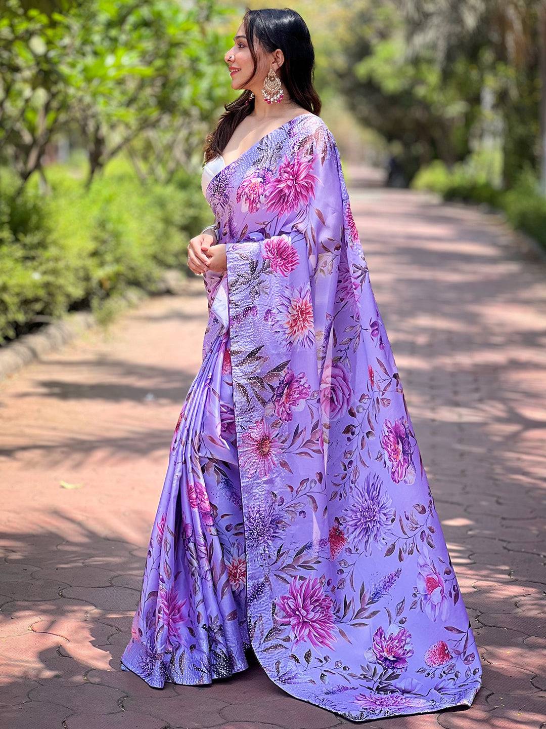 Side view of lavender floral satin georgette saree