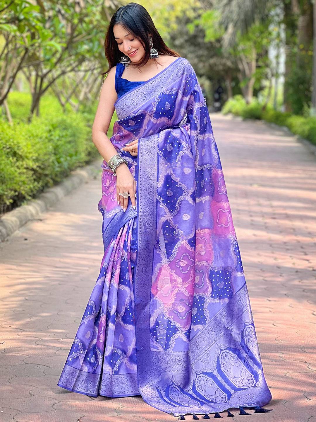 Purple Digital Block Placement Print Saree