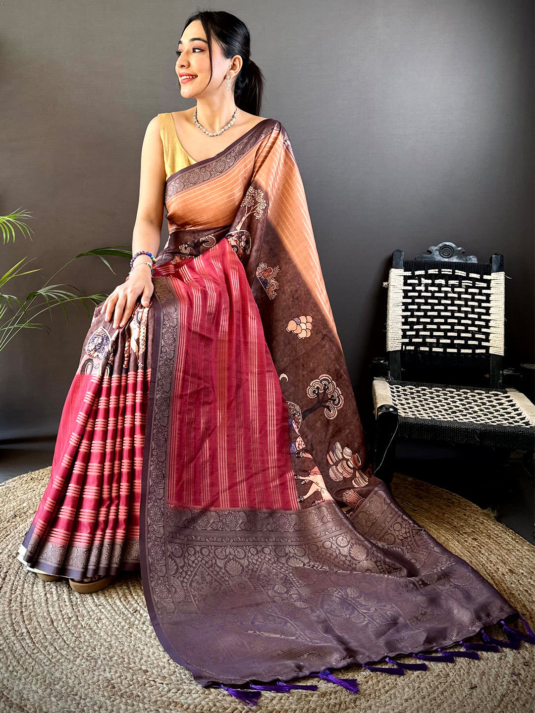 Brown Soft Crep Silk Ombre Print Saree