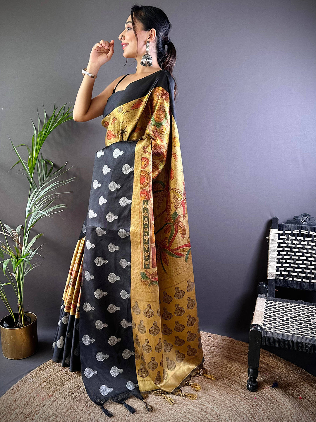 Mustard Yellow Kora Silk Kalamkari Print Saree