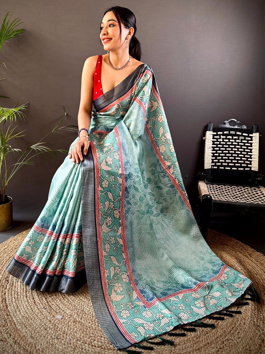 Graceful Green Soft Silk Chex Saree