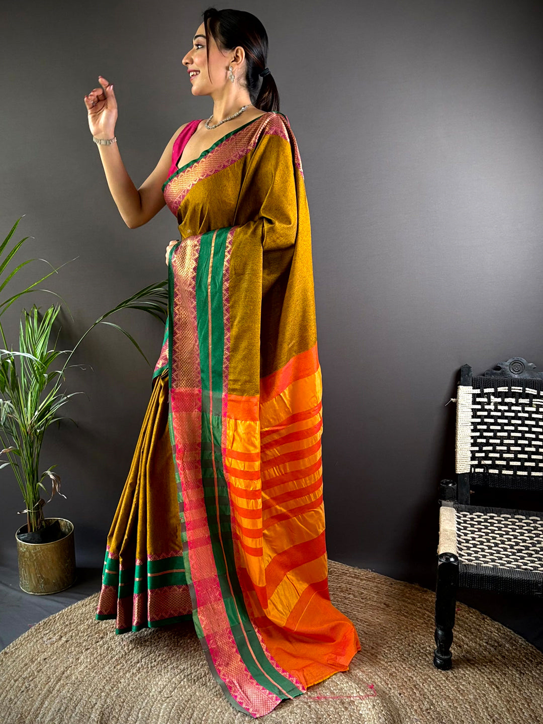 Gold Zari Green Accent Saree