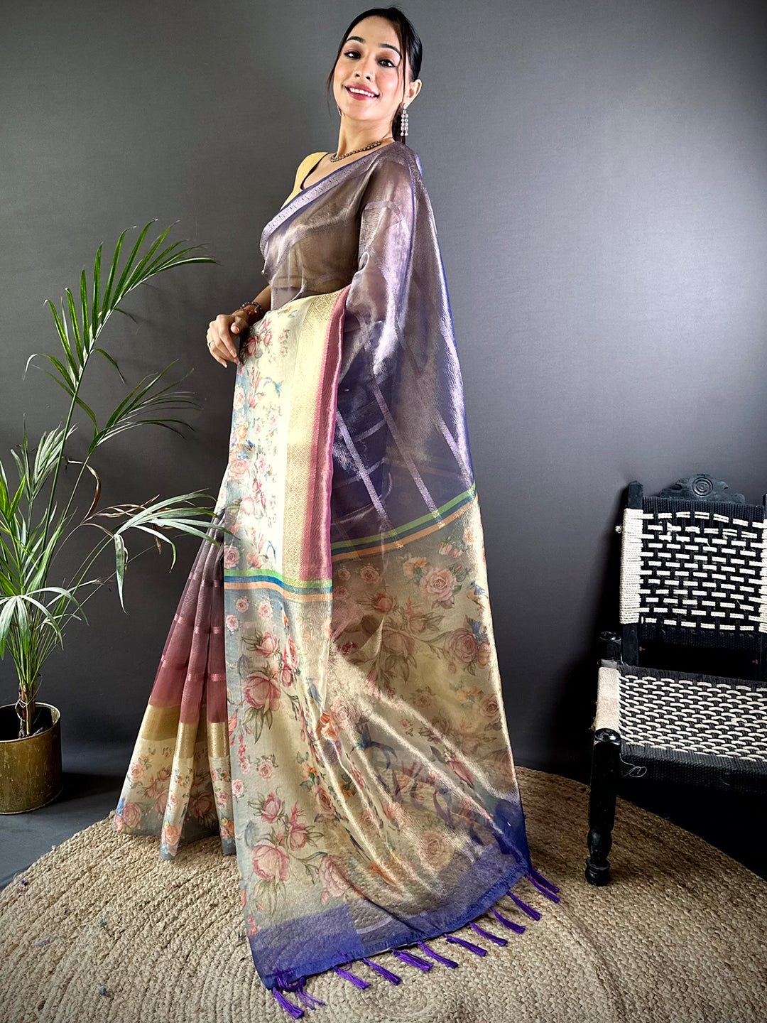 Purple Ombre Zari Tissue Digital Print Saree