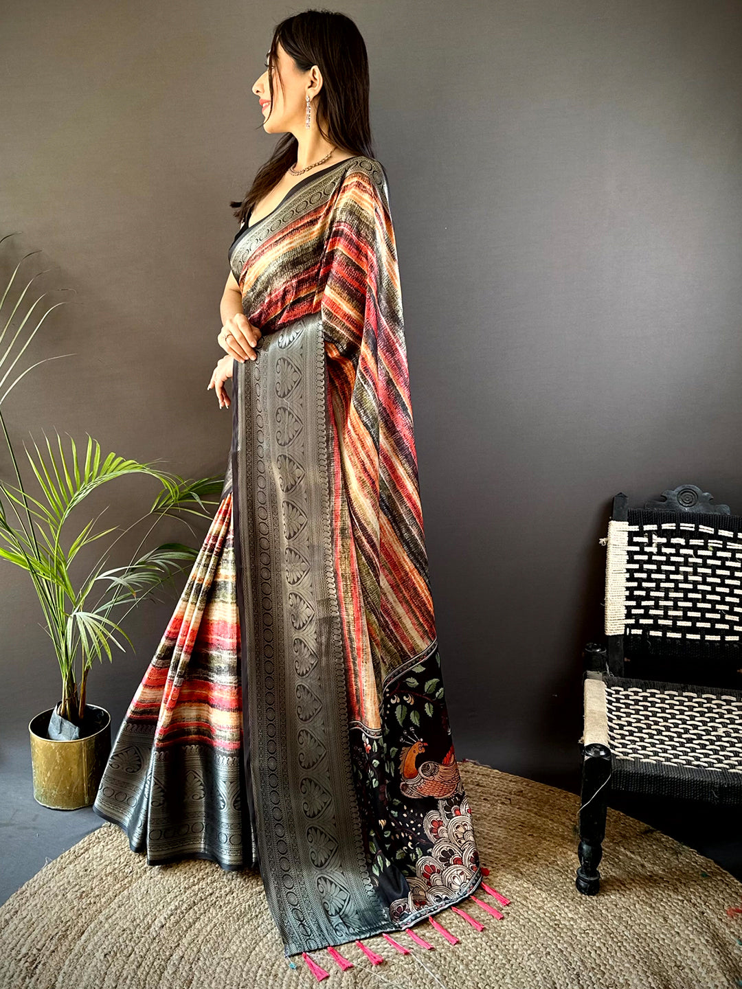 Black Silk Abstract Striped Kalamkari Pallu Saree