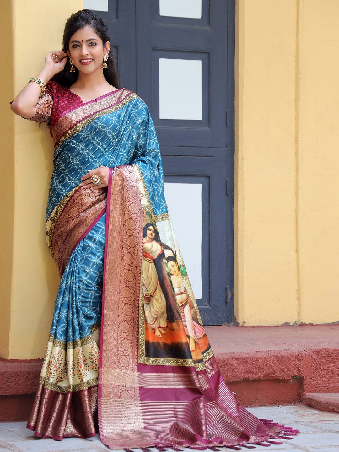 Viscose Dola Silk Saree With Kalamkari And Mughal Print