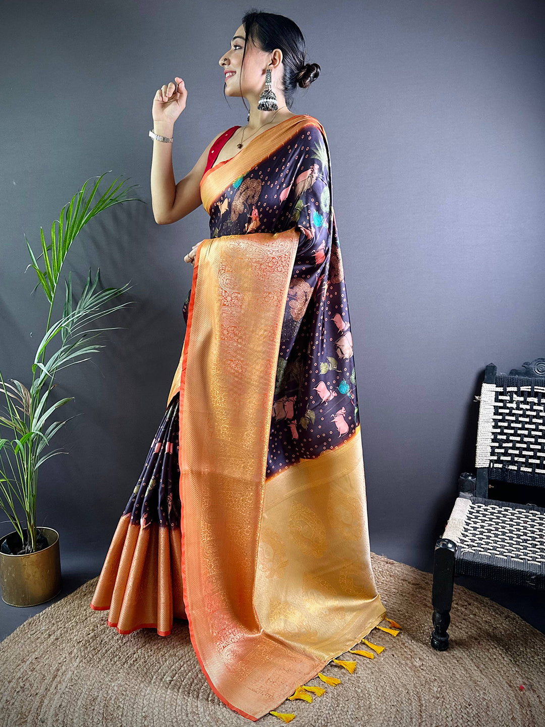 Wine Satin Pichwai Print Saree