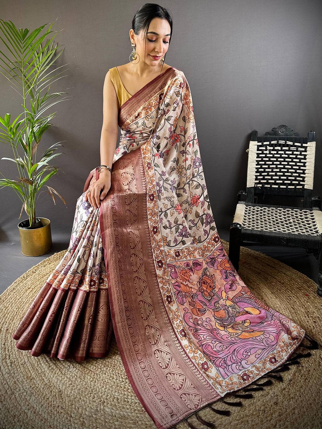 Beige Floral Kalamkari Print Saree