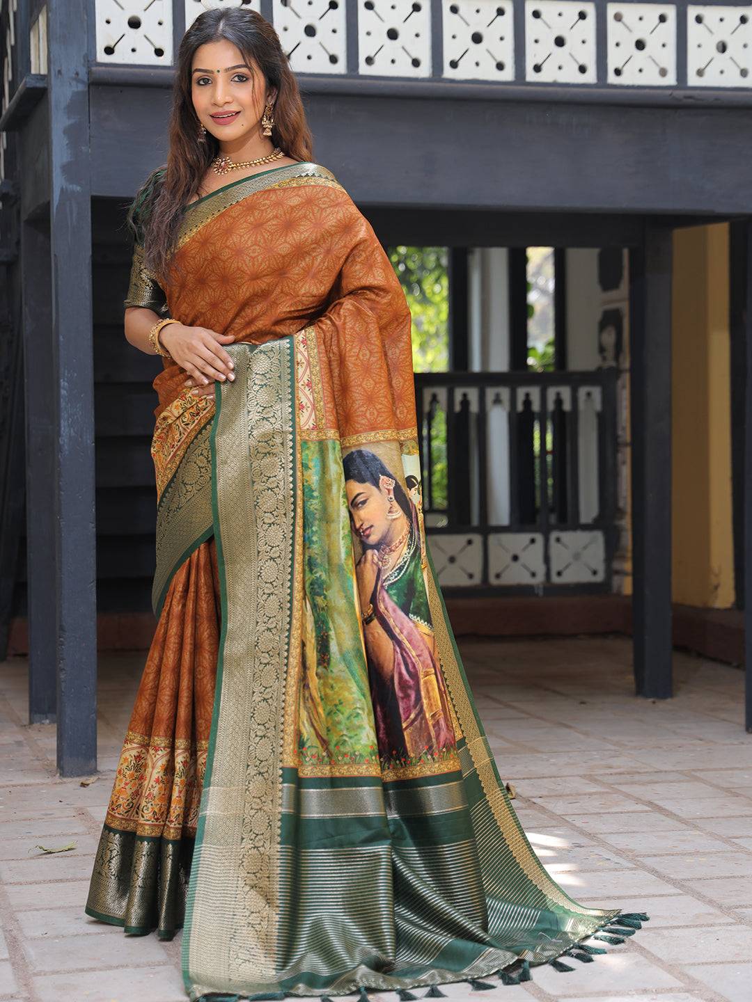 Brown Viscose Dola Silk Saree With Kalamkari & Mughal Print