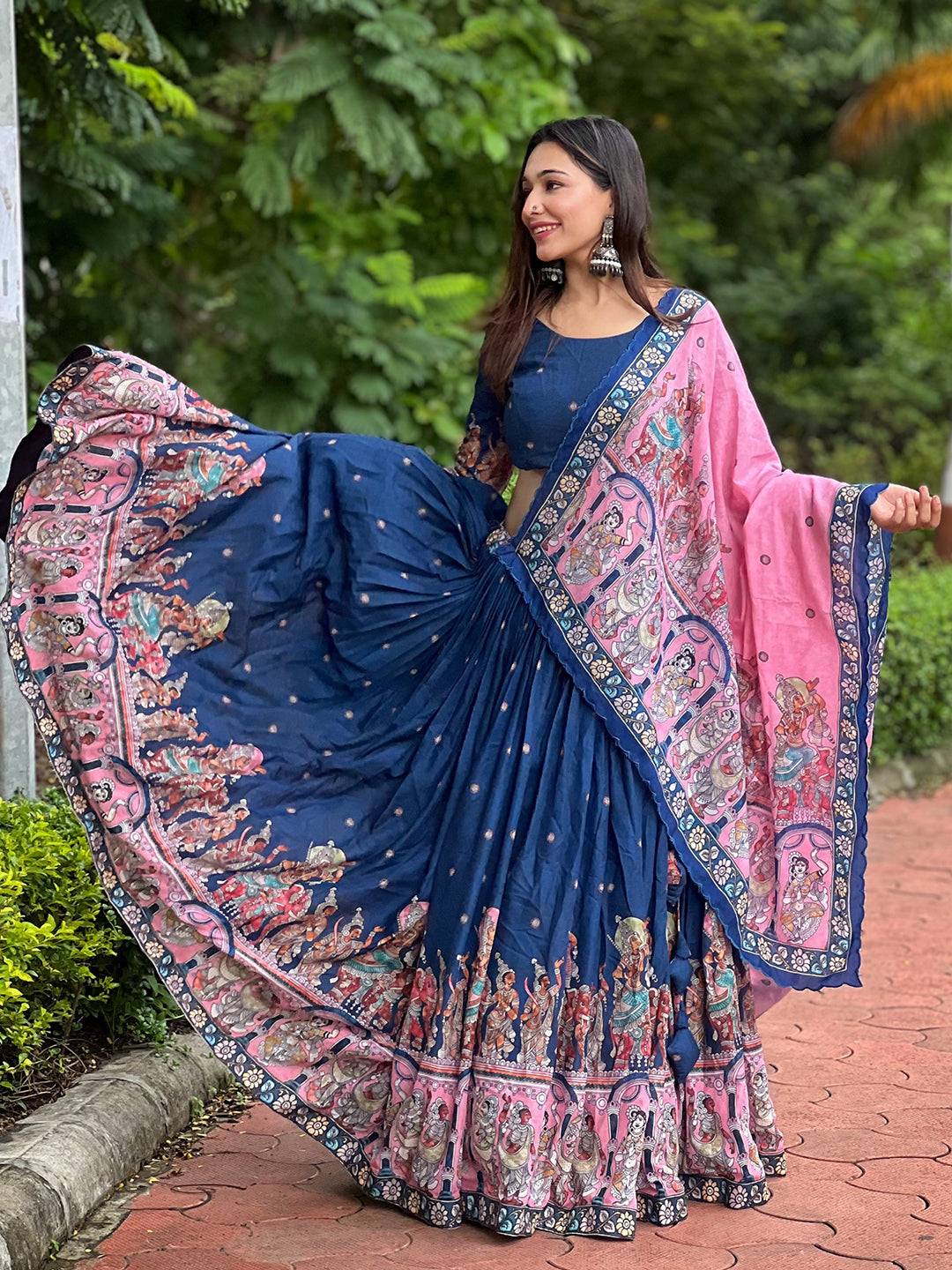 Admiral Blue Lehenga with pink dupatta spread out