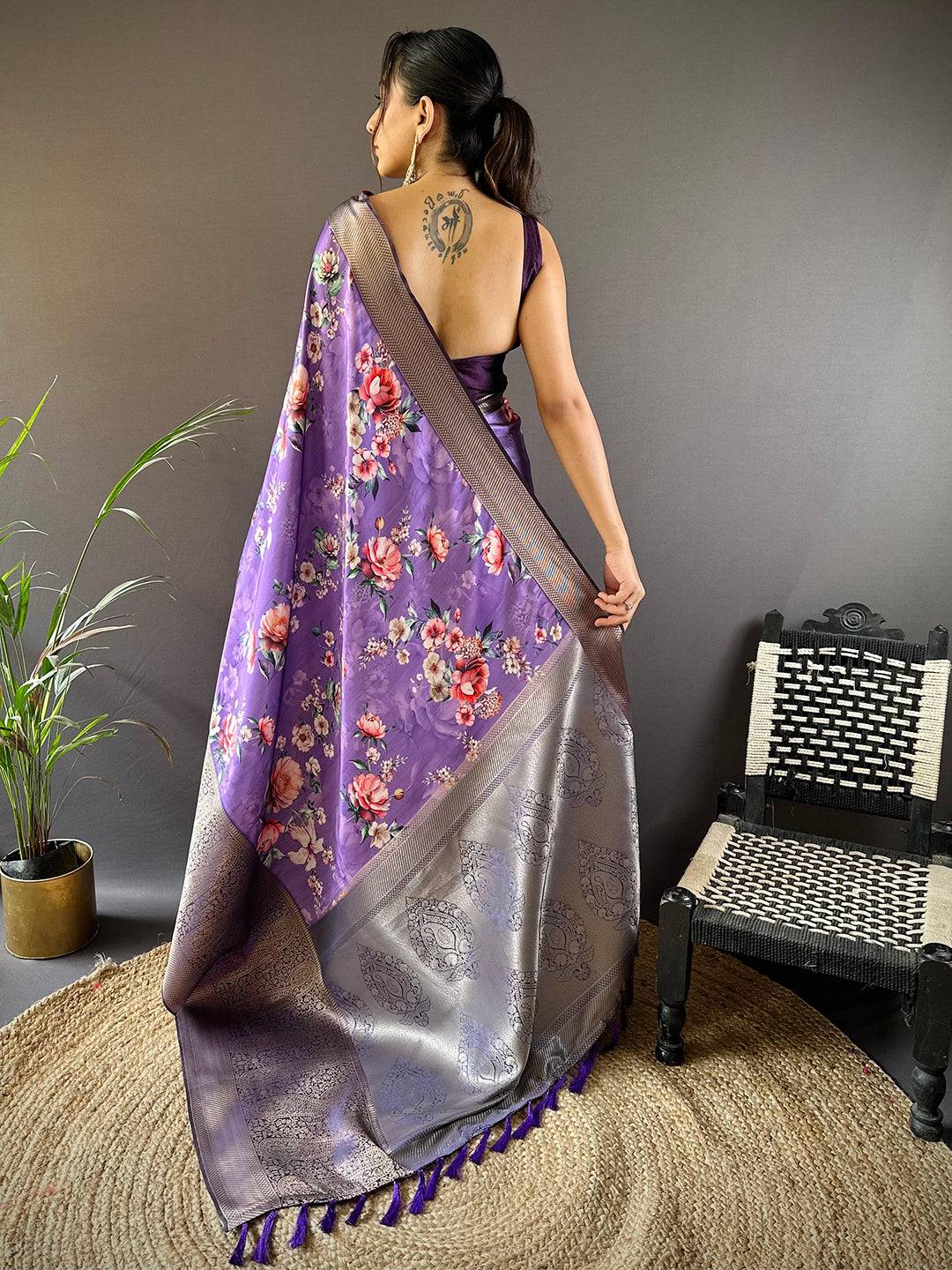 Purple Satin Silk Floral Print Saree