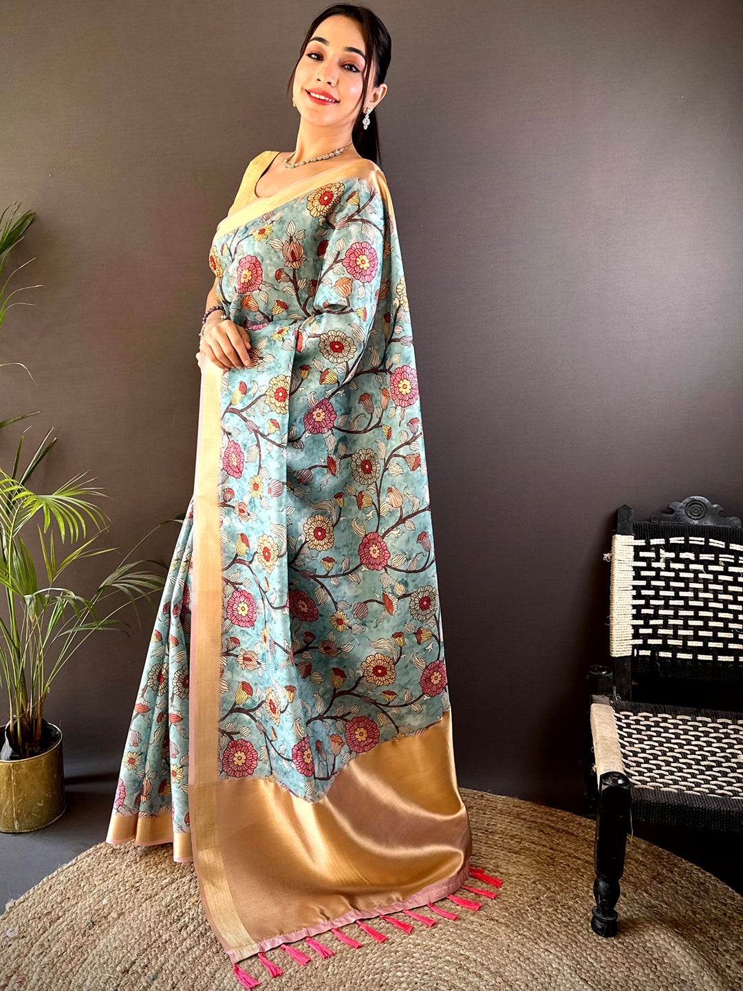 Sky Blue Soft Silk Tissue Floral Print Saree