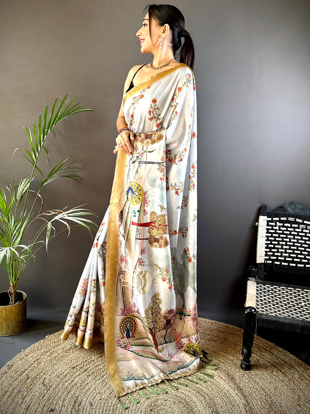 White Soft Silk Kalamkari Print Saree