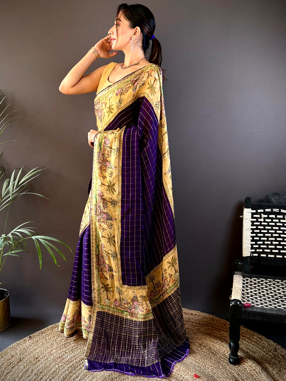 Purple Chinnon Chiffon Kalamkari Saree