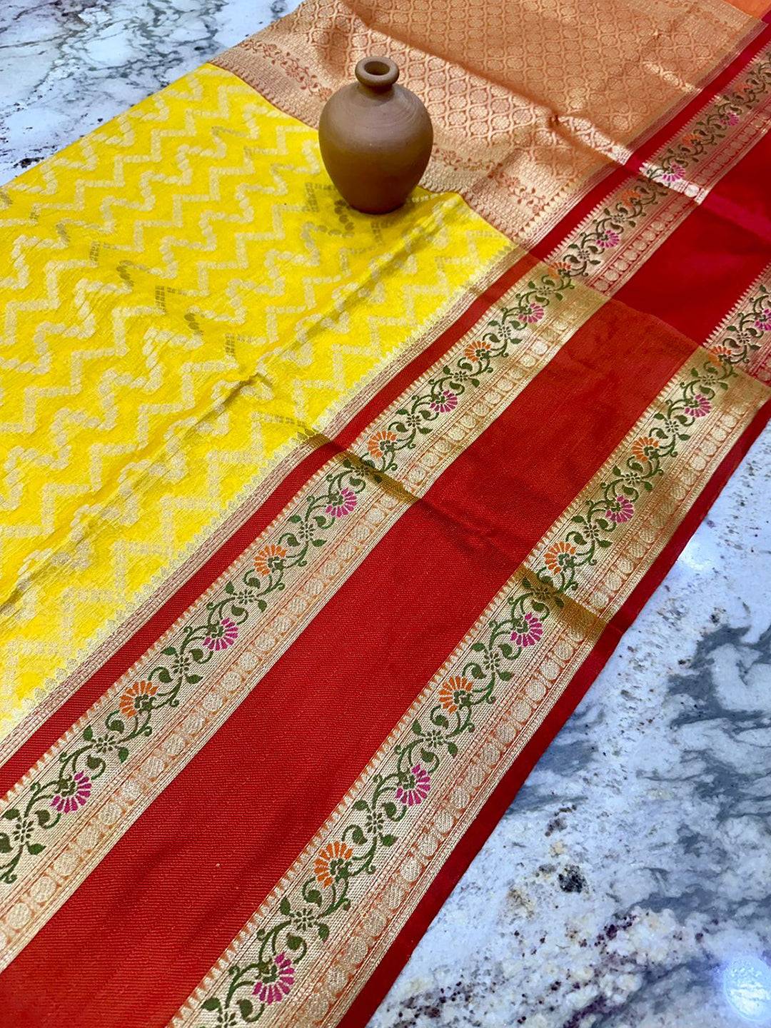 Regal Yellow And Red Zari Saree