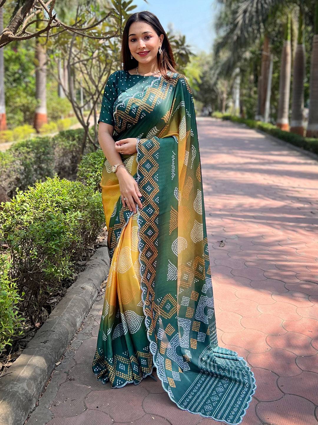 Georgette Silk Saree with Ombre Bandhej Print &  Stone Work