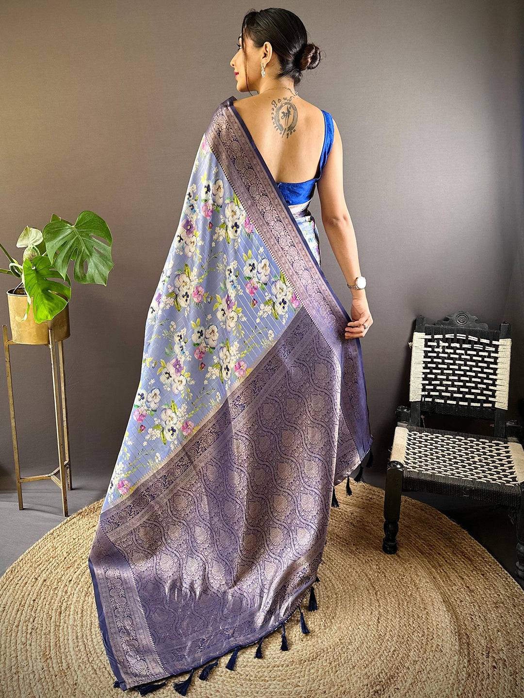 Serene Steel Blue Floral Elegance Saree