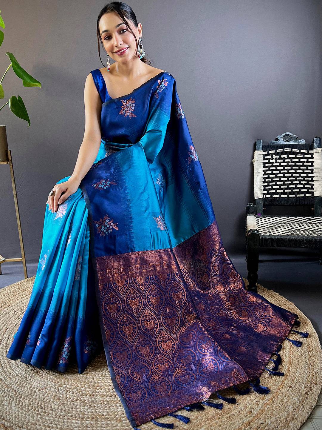 Seated model in Royal Blue Sami Banarasi Tussar Silk Saree showcasing design