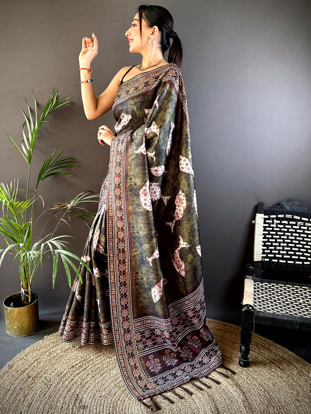 Dark Brown Soft Silk Fish Kalamkari Saree