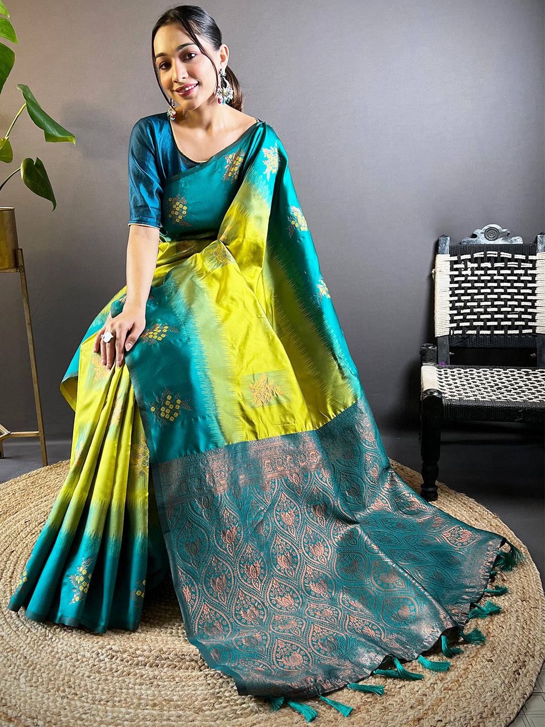 Seated model in Lime Sami Banarasi Tussar Silk Saree