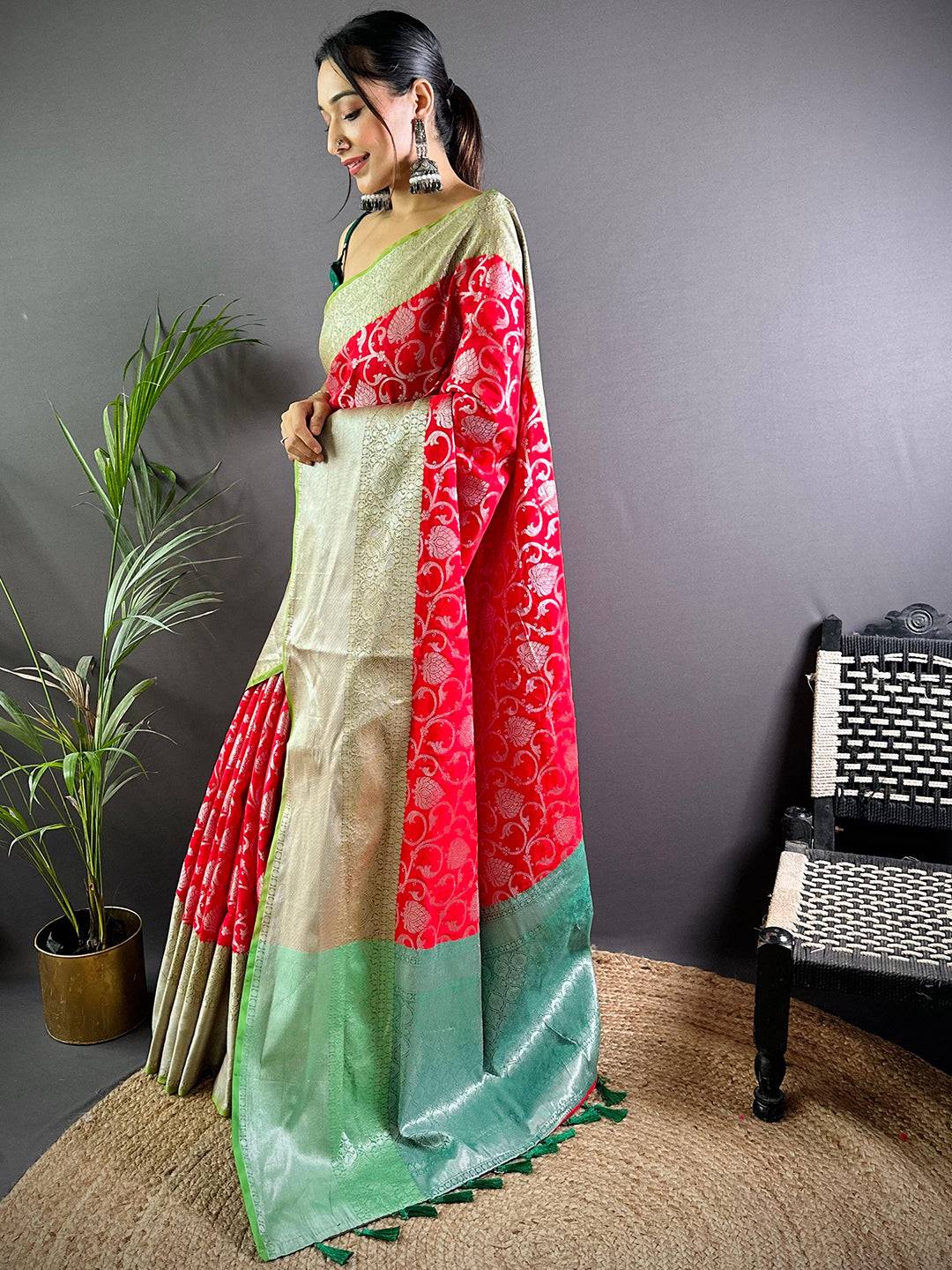 Side view of Red Chic Zari Blossom Banarasi Silk Saree