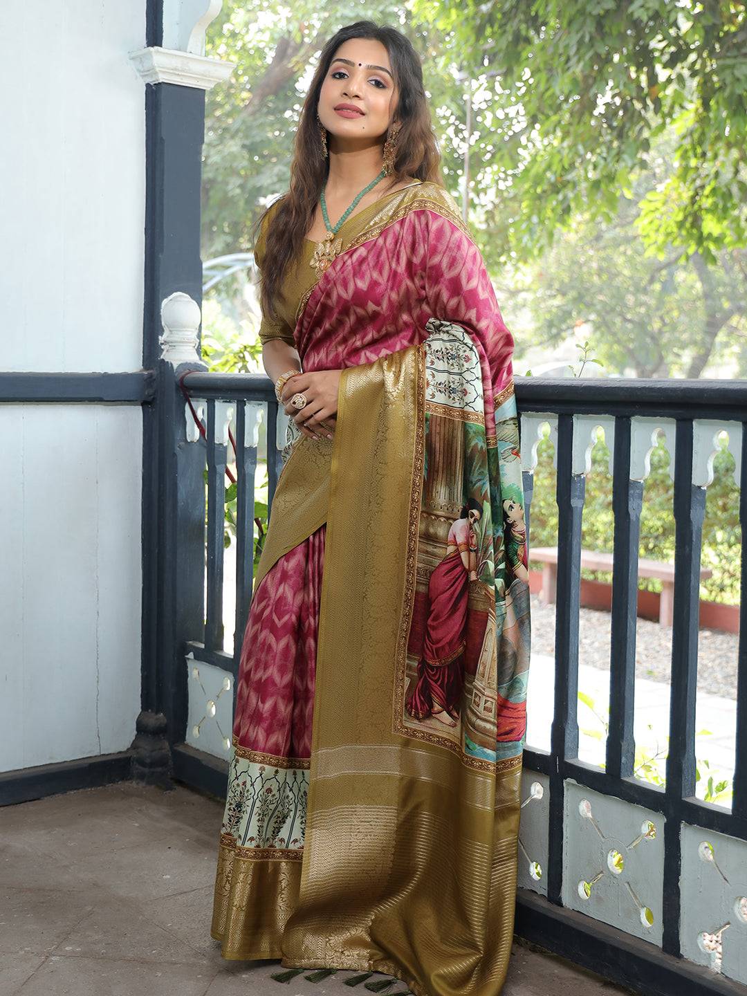 Pure Viscose Dola Silk Saree With Kalamkari & Mughal Print