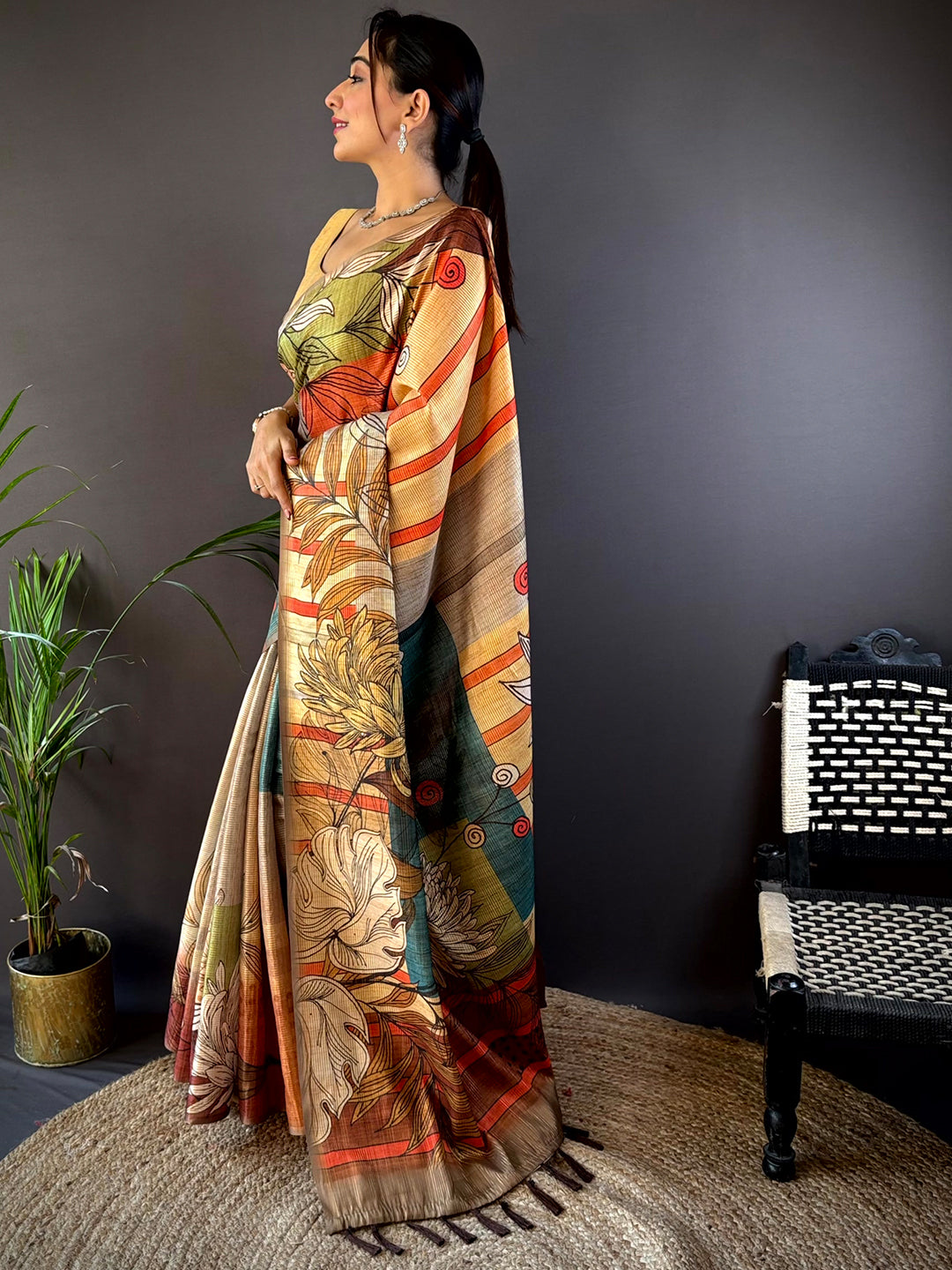 Tan Beige Tussar Silk Floral Prints Saree