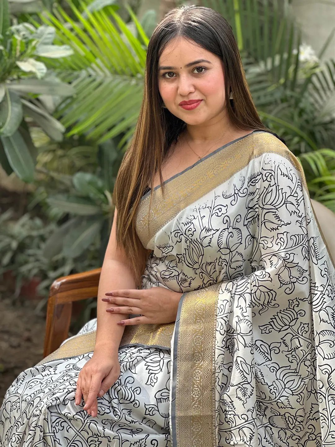 Close-up of Kalamkari saree with detailed block print motifs