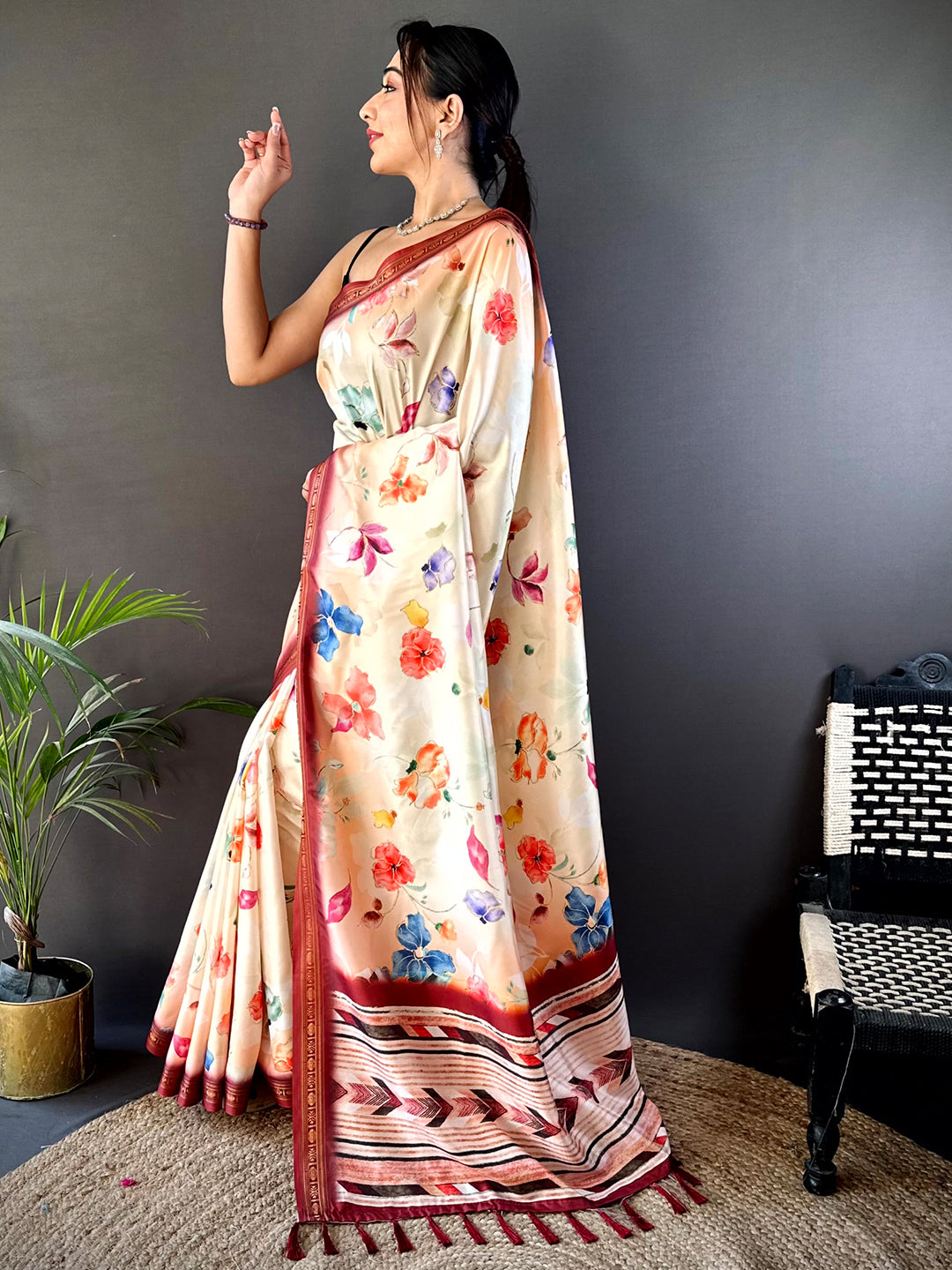 Peach Floral Digital Print Silk Saree