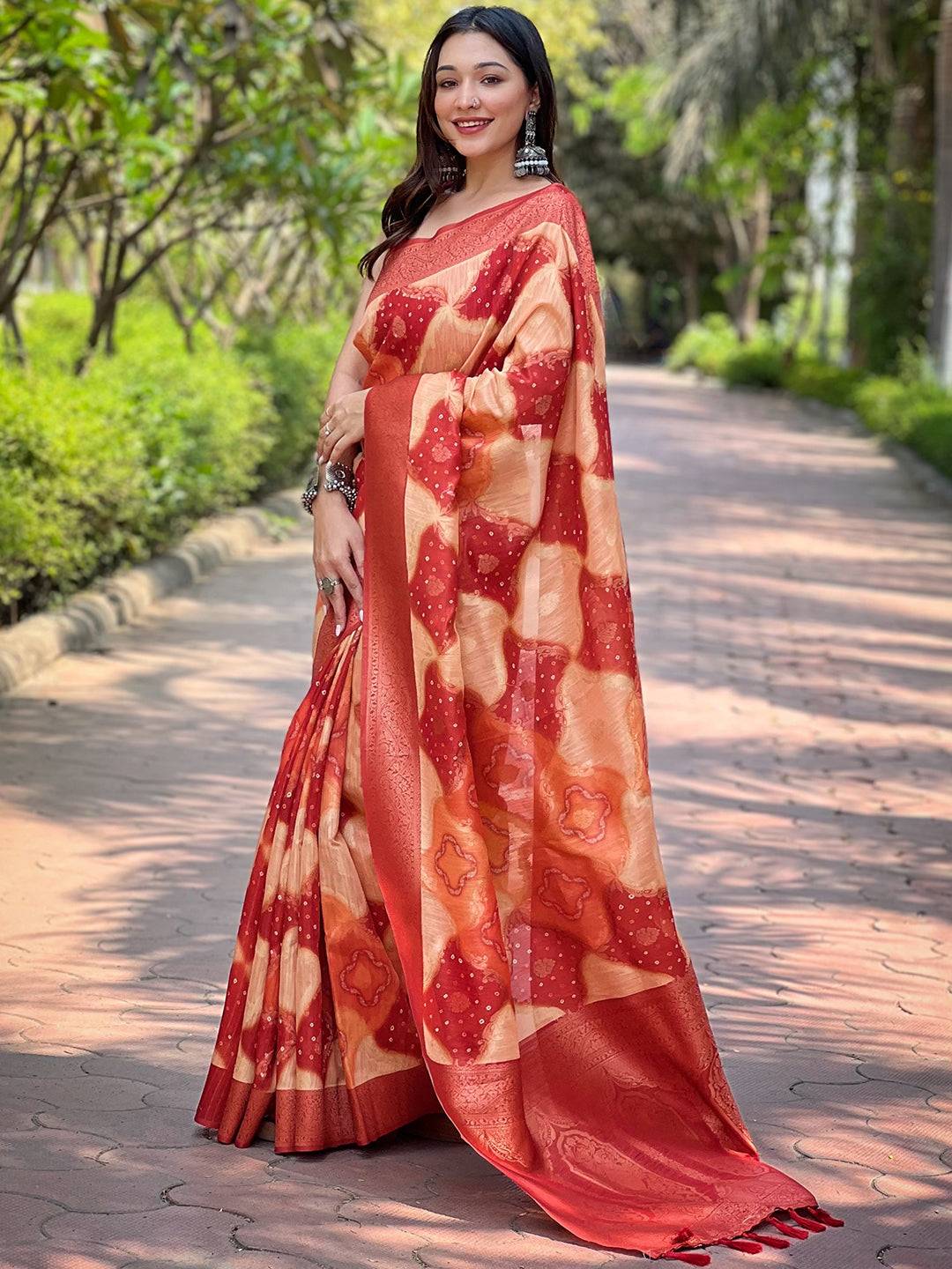 Stylish peach saree featuring digital block print and rich pallu