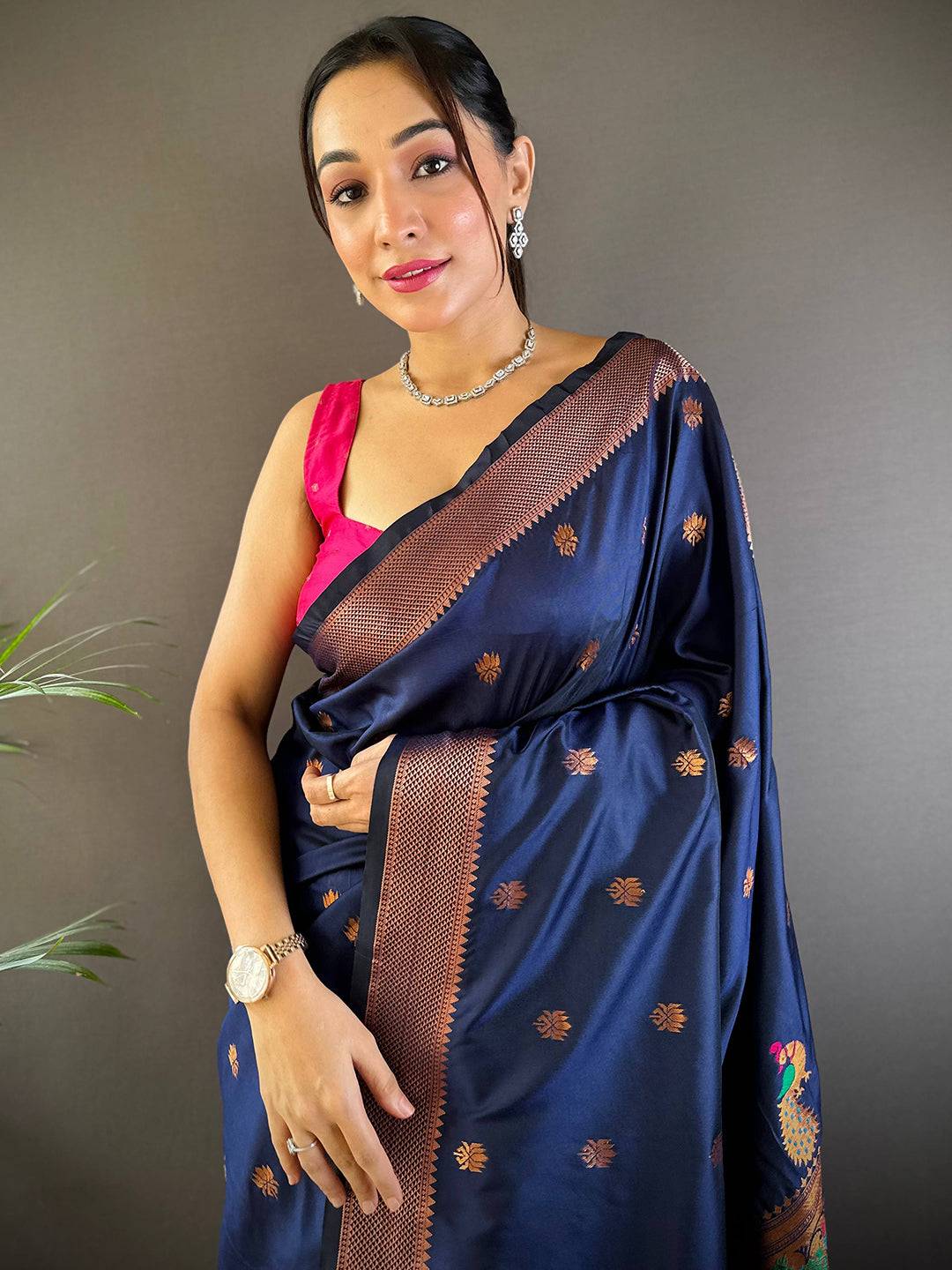 Copper Allure Soft Silk Navy Blue Saree