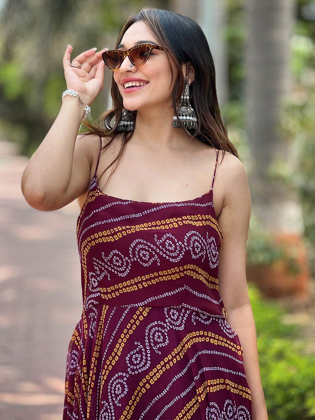 Wine Bandhej Printed Dress