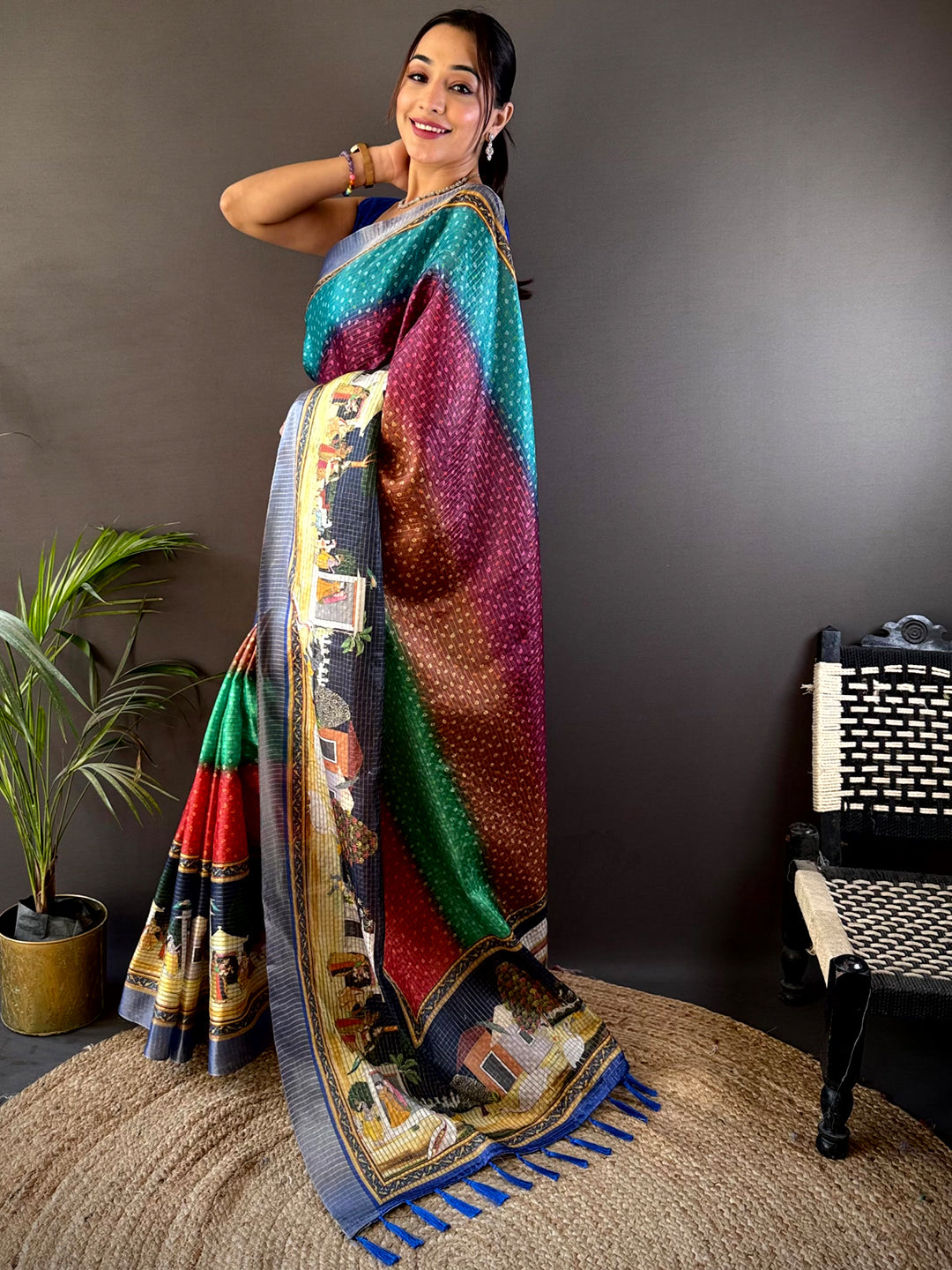 Elegant Heritage Silk Blend Bandhani Print Saree with intricate designs and a vibrant color scheme, styled gracefully for festive and party wear.