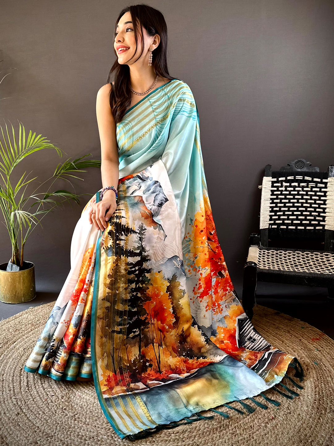 Turquiose Japanese Freehand Digital Print Saree