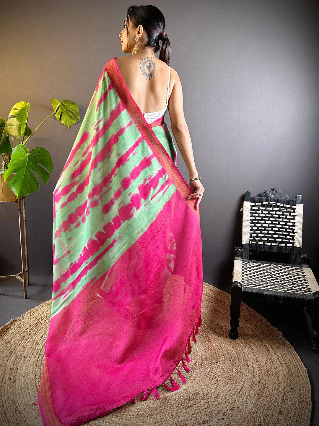 Pista Shibori Print Linen Saree