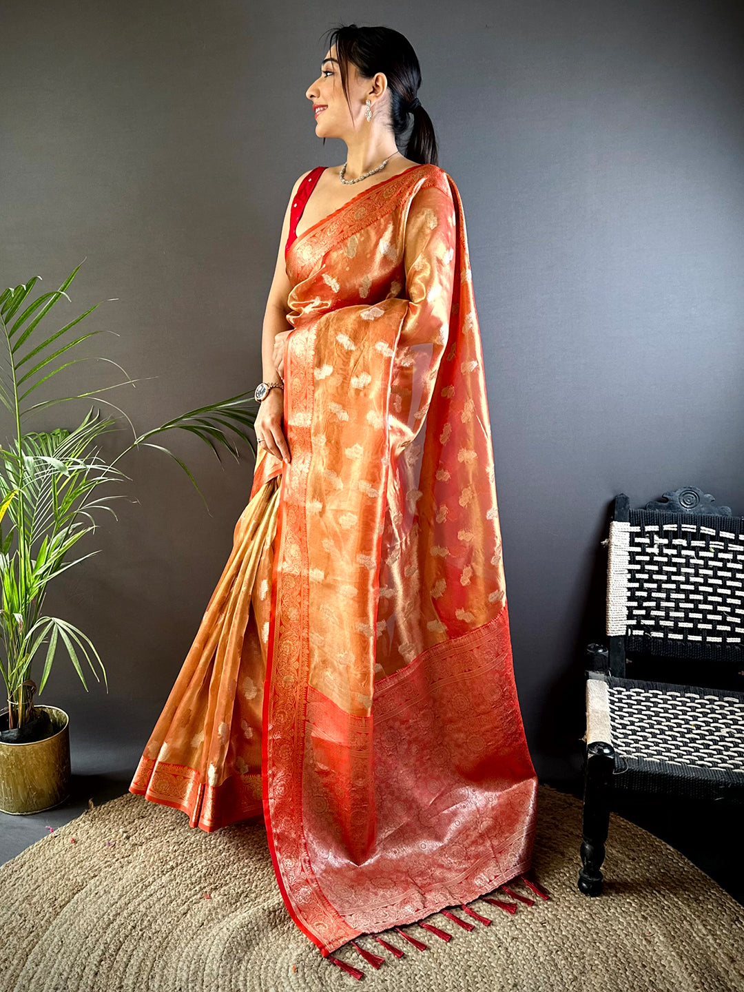 Vibrant Orange Kora Tissue Saree